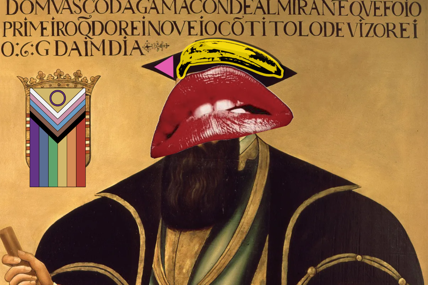 Retrato clássico de Vasco da Gama com colagem queer: stickers e a bandeira Progress cobrem o rosto, subvertendo a iconografia imperial.