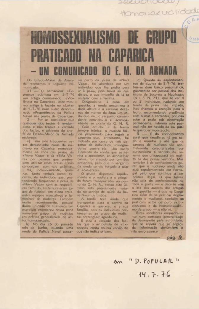 Recorte de jornal "D. Popular" de 14.7.76 com o título "HOMOSSEXUALISMO DE GRUPO PRATICADO NA CAPARICA", relatando uma comunicação oficial do Estado-Maior da Armada.